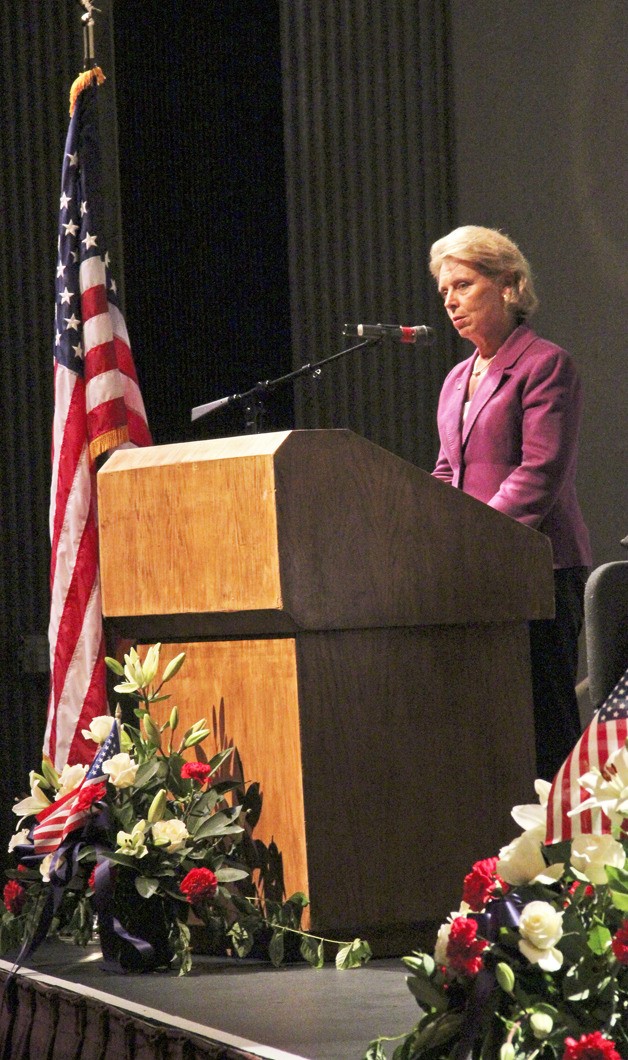 Gov. Chris Gregoire addresses the audience at the 9/11 commemoration at the Auburn Performing Arts Center.