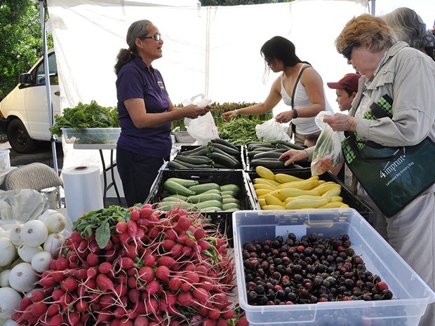 Veronica Esoy sells fruits and vegetables to customers during opening day at the Auburn Farmers Market.