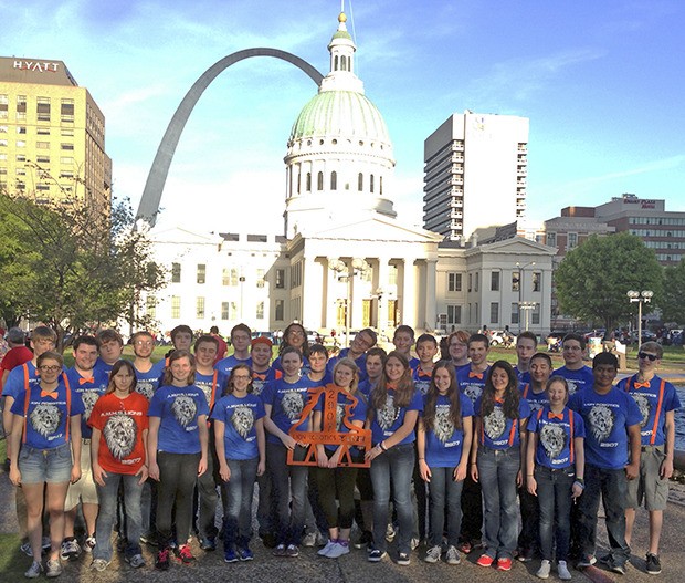 The Auburn Mountainview robotics team went as far as the semifinals of the World competition. The team poses in front of St. Louis' Old Court House and iconic Gateway Arch.