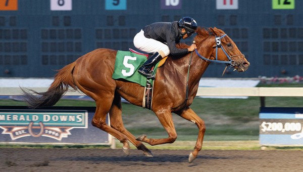 Lil Barbie Doodle and Emerald Downs' leading rider Leslie Mawing power to a 2 ½-length victory in Friday's $10