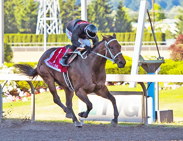 A geared down Stopshoppingdebbie coasts to victory in the Boeing Handicap at Emerald Downs on July 6.