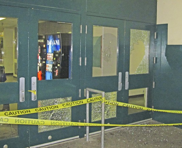 Vandals shot out windows in the main entrance at Auburn High School this week. In all