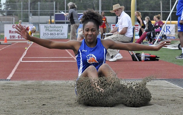 Auburn Mountainview’s Mikaila Moe competes in the triple jump at the Class 3A West Central/Southwest bi-district track and field meet at Sunset Chev Stadium in Sumner last weekend. Moe finished seventh with a mark of 35 feet