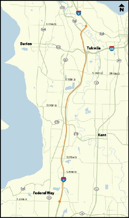 The Interstate 5 concrete pavement rehab project is located along 12.86 miles of freeway from Duwamish River Bridge in Tukwila to South 320th Street in Federal Way.