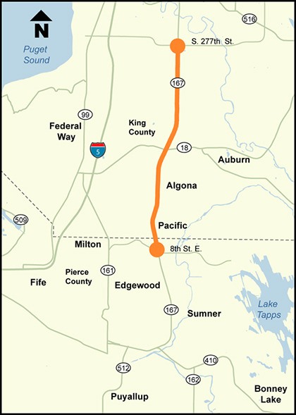 The project will widen State Route 167 to add a lane in the southbound direction and extend the existing high occupancy toll (HOT) lanes system south on SR 167 in the Green River Valley. Expanding the successful 9-mile SR 167 HOT lanes will connect King and Pierce county communities to vital employment hubs in the Puget Sound area.