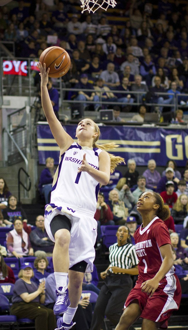 Mercedes Wetmore in action with the University of Washington Husky women's basketball team.