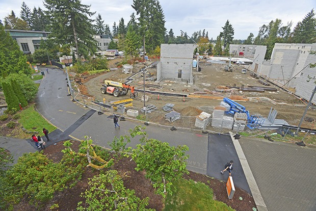 Construction on the new Green River Community College Student Life Building has dominated a large part of the campus area next to the library. Seen in the distance is the new Trades Complex