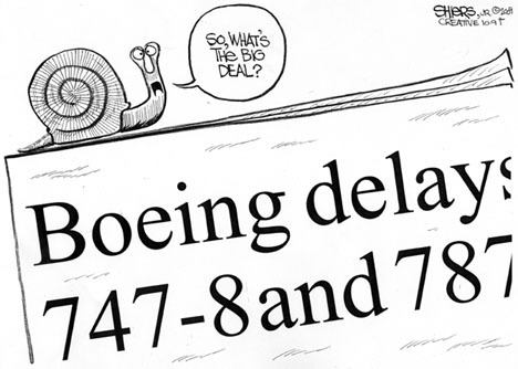 Boeing Co. is delaying initial deliveries of the 787 Dreamliner by six months until late next year due to continued challenges in completing assembly of the first airplanes. The delay is an embarrassing setback for Boeing