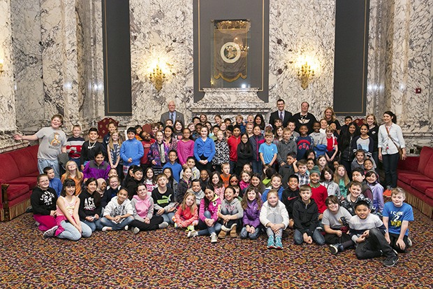 Fourth-graders from Arthur Jacobsen Elementary join staff and Sen. Joe Fain at the Capitol last Wednesday.