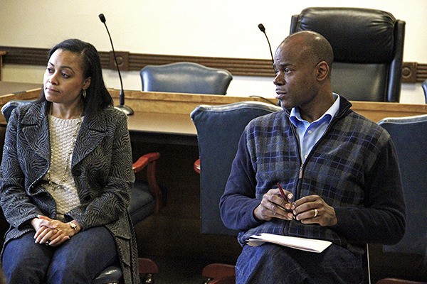 Representative Roger Freeman and his wife Sonya listen to the concerns of Pacific residents during a recent community meeting.