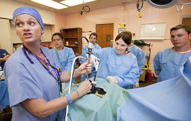 Auburn Riverside High School’s Ashley Harrison uses laparoscopic surgery tools to perform a “Skittlectomy” – removing the colorful candy pieces from the inside of a mannequin by watching a monitor that’s connected to an inserted camera. The activity under the guidance of MultiCare instructor Theresa Renico