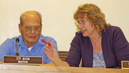 Pacific City Council President Leanne Guier replies to a question as Mayor Cy Sun listens during a council meeting earlier this year. No criminal charges will be filed against Sun for misconduct following an independent investigation.