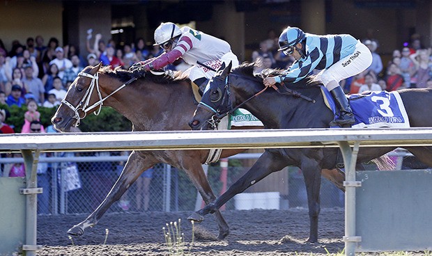 Princess Kennedy (white silks) overhauls Brookys Star to capture the $81