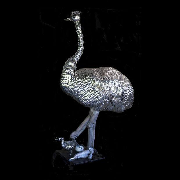 Welding artists Greg Bartol and Deborah Drllevich within the Green River Community College Welding Technologies Program created out of welded silverware this tall ostrich