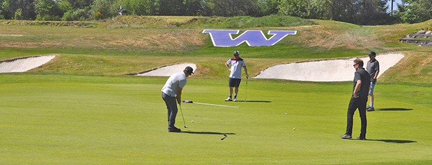 A foursome plays the 'W' course during the Auburn Area Chamber of Commerce golf tournament on a sun-spangled Friday.