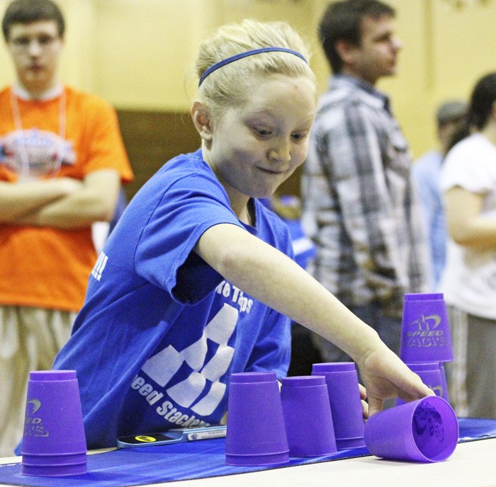 Lake Tapps Elementary stacker Sydney Ruschner at this past weekend's Northwest Regional Sport Stacking tourney at Auburn High School.