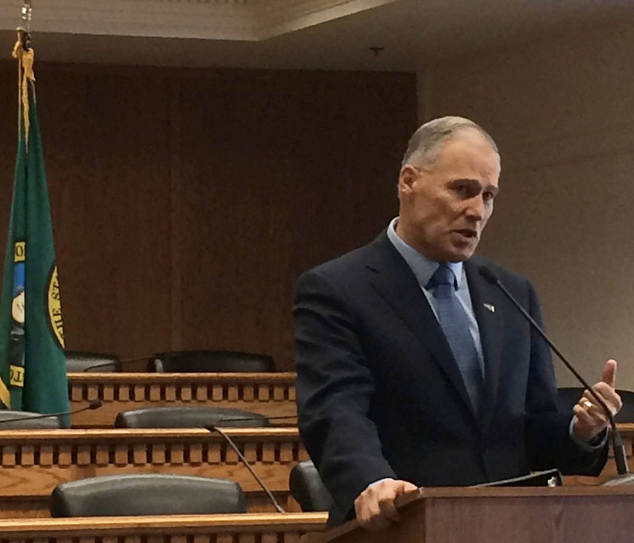 Gov. Jay Inslee presents his state budget proposal to news media organizations at a briefing Jan. 5 in Olympia. COURTESY PHOTO, Tim Gruver/WNPA ONB