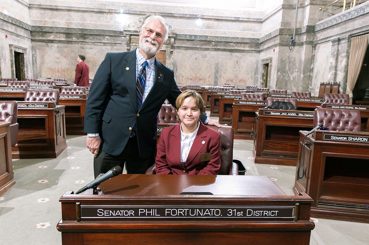 Olga Diupina on the Senate floor with Sen. Phil Fortunato, R-Auburn. COURTESY PHOTO, Washington State Legislature