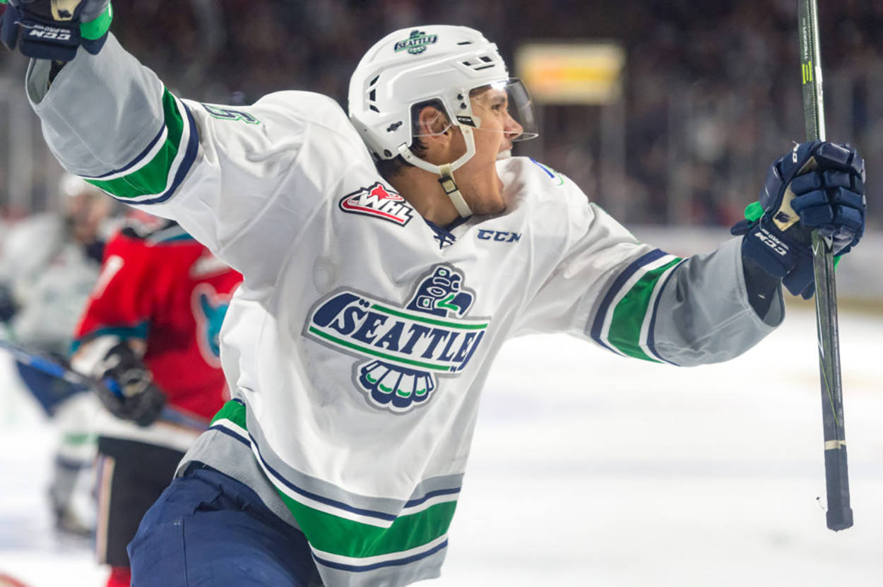 Alexander True celebrates after scoring one of his two goals in the Thunderbirds’ 5-3 Game 5 win over the Rockets on Friday night. COURTESY PHOTO, Brian Liesse/T-Birds