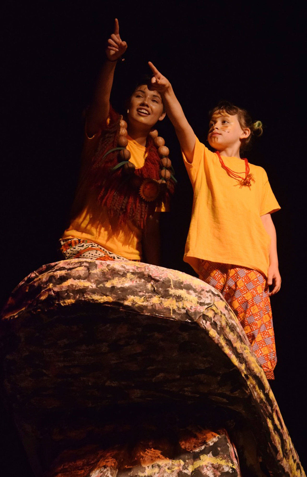 Young Simba, Aliyah Sadoune, right, and his dad Mufasa, Elizabeth Carson, perform on stage in ‘Lion King Jr.’ RACHEL CIAMPI, Auburn Reporter