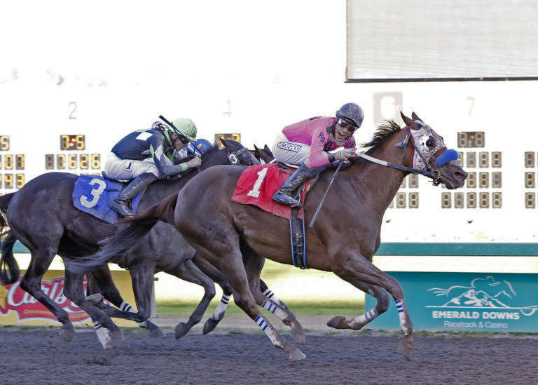 Kevin Orozco drives Emmett Park to a one-length victory Sunday in the $20,500 Muckleshoot Casino Purse at Emerald Downs. COURTESY TRACK PHOTO