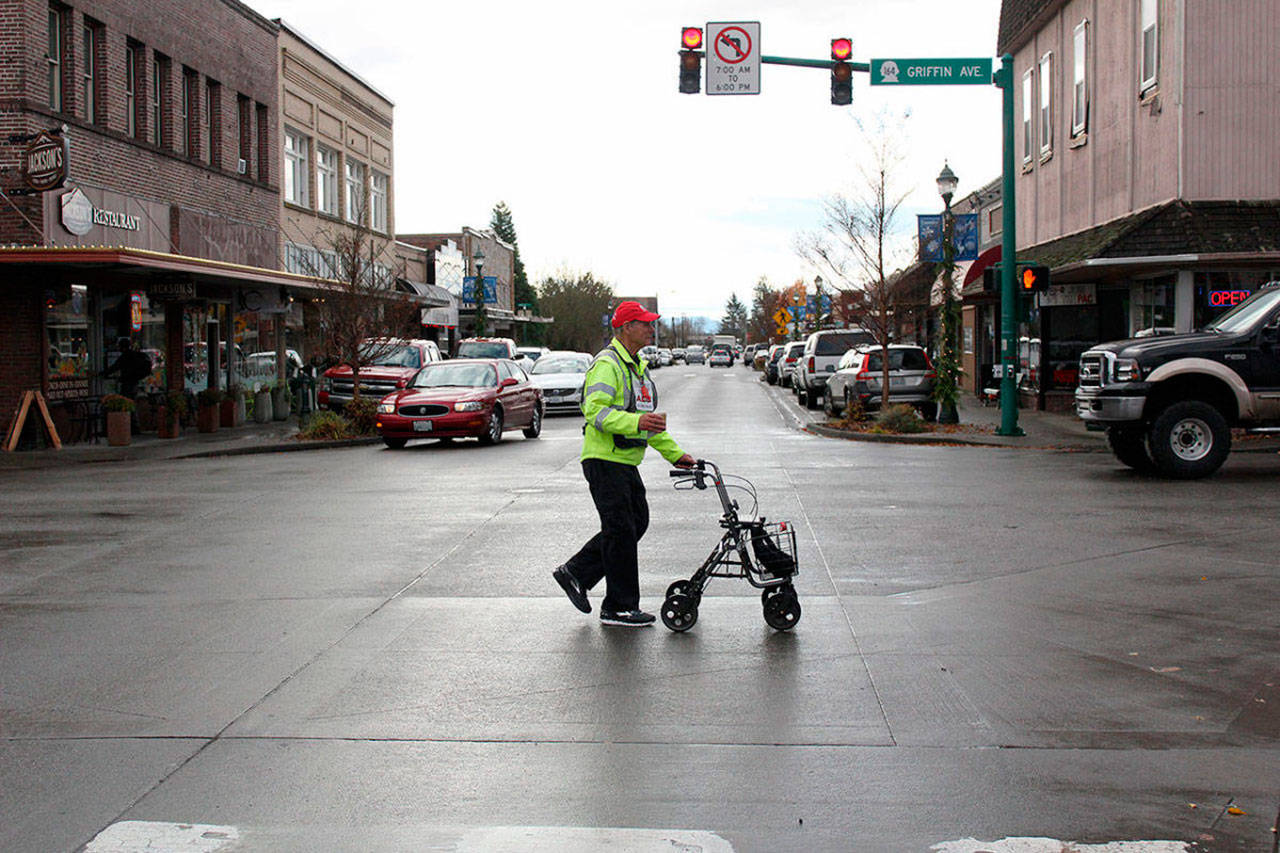 After his interview in Enumclaw, Don Stevenson – the Pacin’ Parson – went straight back to walking 
State Route 164 to Auburn. He’s averaging 14 miles a day, but hopes to bring his pace back up to 30 in the near future. RAY STILL, Enumclaw Courier-Herald