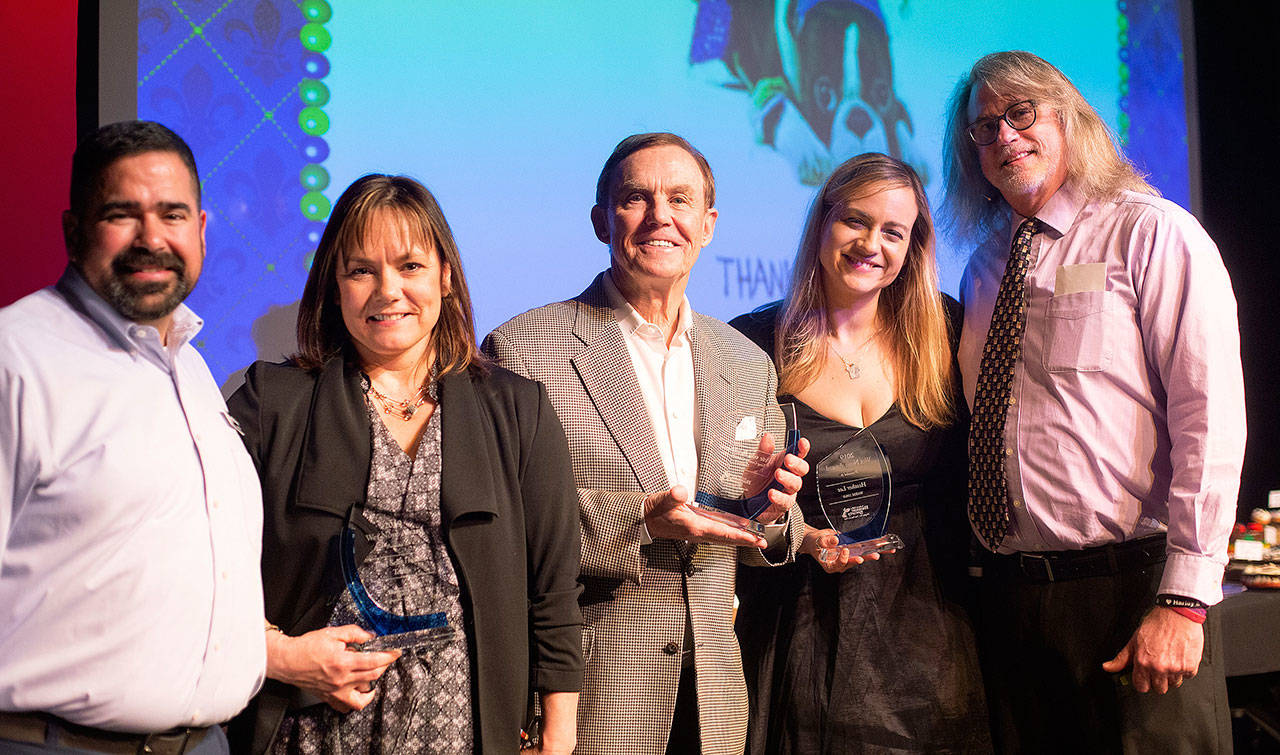 At the gala and auction were, from left: Rick Oliveira, AVHS; Valinda Horstman, Toril Sells Houses Team, Wet Nose Award winner; Pete von Reichbauer, King County Council, Wet Nose Award winner; Heather Lee, WARM 106.9, Wet Nose Award winner; and AVHS President/CEO Phil Morgan. COURTESY PHOTO