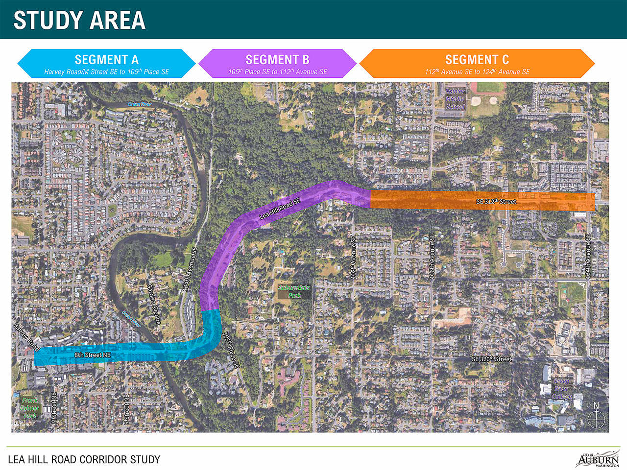 The Lea Hill Corridor, between Harvey Road/M Street NE and 124th Avenue SE, is a critical east-west arterial providing connections to downtown Auburn, the Lea Hill neighborhood, Green River College, and State Route 18. To prepare for anticipated growth, the city of Auburn has initiated a Lea Hill Corridor Study that will help identify potential safety, capacity, and operational improvements along this crucial stretch of the roadway network. COURTESY study board, city of Auburn