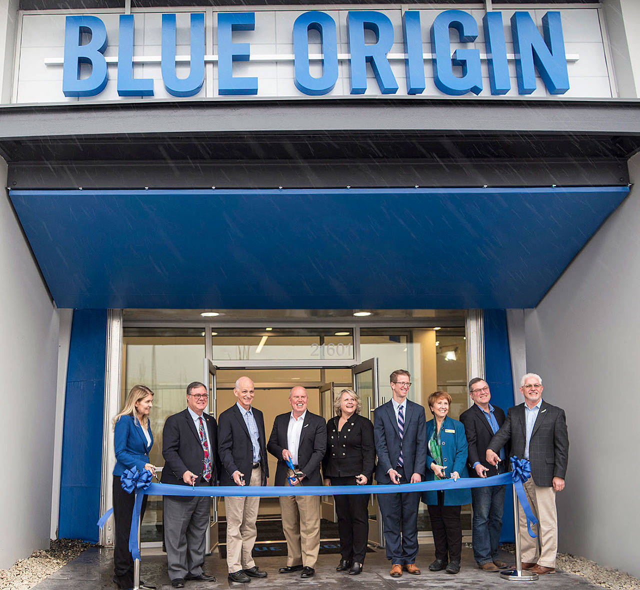 From left to right: State Rep. Tina Orwall, Congressman Denny Heck, Congressman Adam Smith, Blue Origin CEO Bob Smith, Kent Mayor Dana Ralph, Congressman Derek Kilmer, State Sen. Lisa Wellman, State Rep. J.T. Wilcox and Blue Origin Chief Operating Officer Terry Benedict. COURTESY PHOTO, Blue Origin