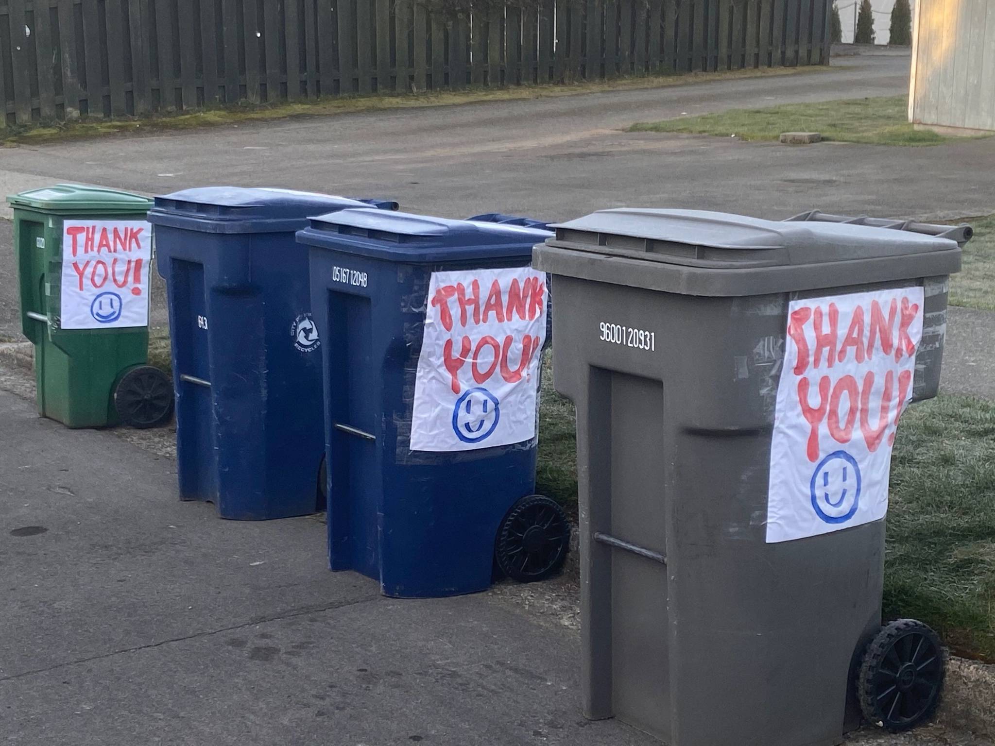 Waste Management customers posted thank you notes on their bins for workers to see on pick-up day in King County. Courtesy photo