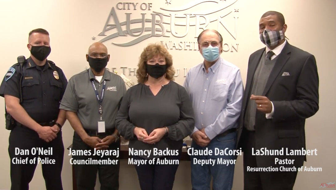 Screenshot from a YouTube video featuring Auburn Mayor Nancy Backus and other city officials.