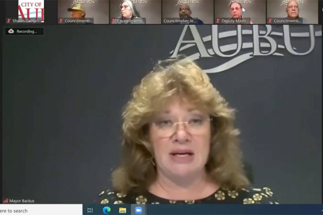 Screenshot shows Mayor Nancy Backus leading a recent virtual Auburn City Council meeting.