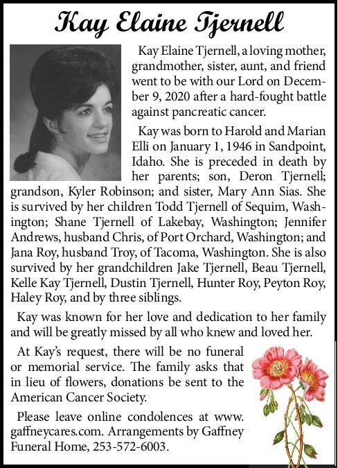 Kay Elaine Tjernell | Obituary | Auburn Reporter