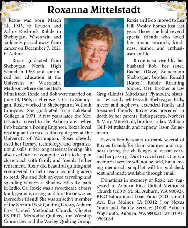 Roxanna Mittelstadt | Obituary | Auburn Reporter