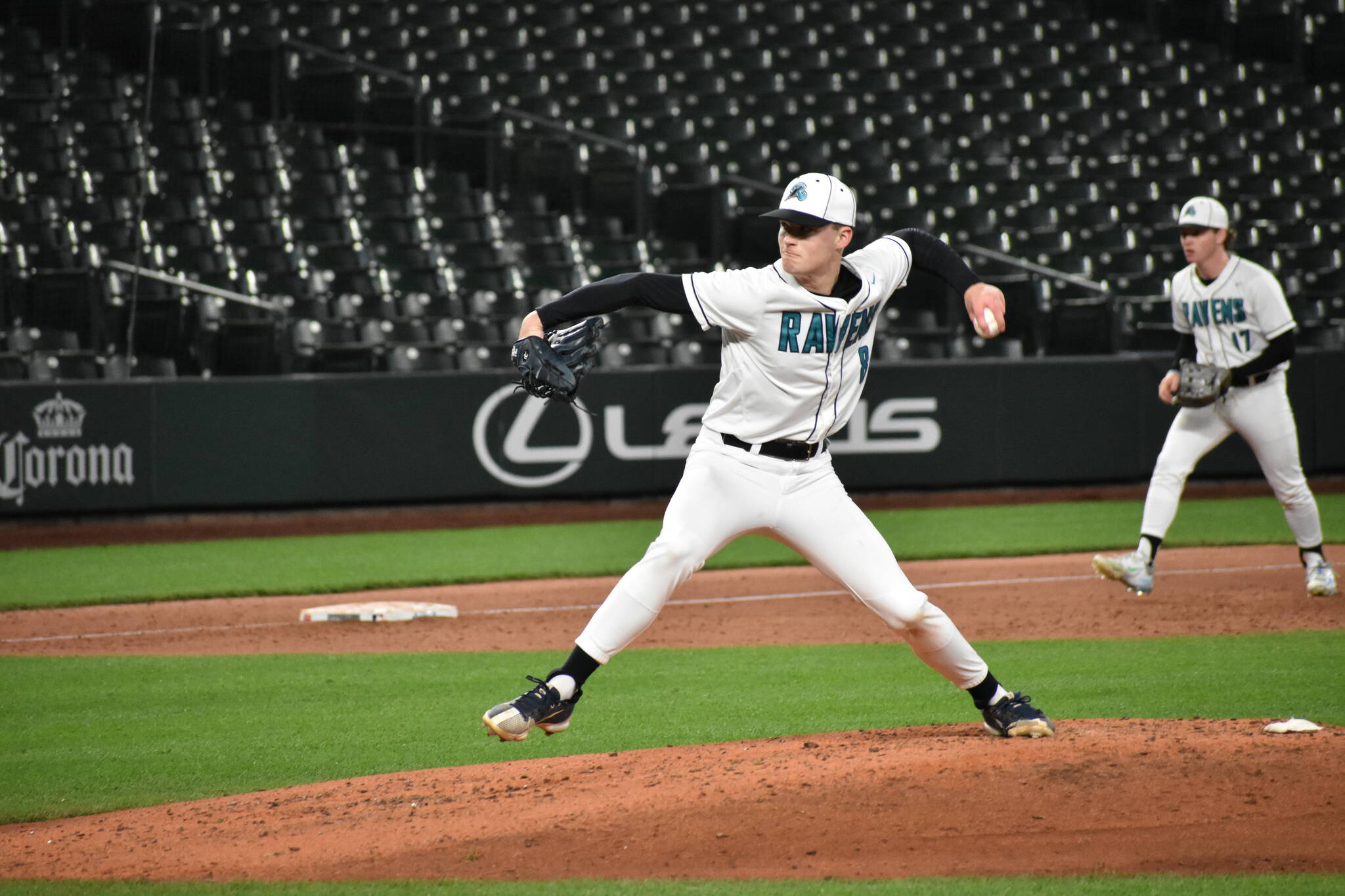 Photos by Ben Ray / The Reporter
Kaeden Morgan attacks a Mount Si hitter inside T-Mobile Park.