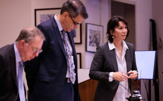 Prosecuting attorney Patty Eakes, right, attends closing arguments of Auburn Police Officer Jeffrey Nelson’s trial at Maleng Regional Justice Center in Kent on June 20, 2024. (Ken Lambert / The Seattle Times / Pool)