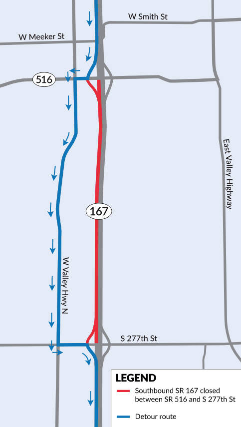 WSDOT has postponed due to rainy weather forecasted for Aug. 23-26 the repaving of State Route 167 in Kent between State Route 512 and South 277th Street. COURTESY GRAPHIC, WSDOT