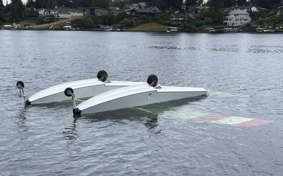 COURTESY PHOTO, Puget Sound Fire
A seaplane sits upside down after crashing Saturday, Aug. 24 in Lake Meridian.