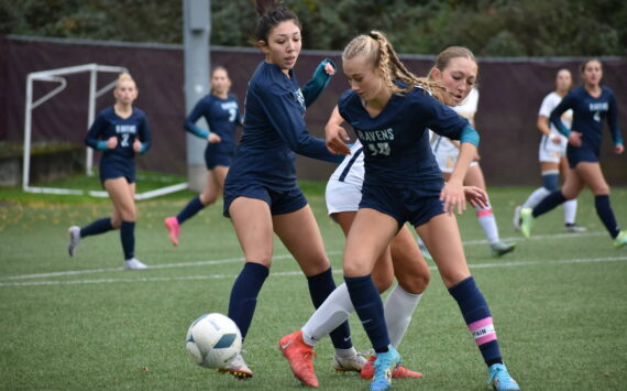 Auburn Riverside sophomore Harper Curnutt takes possession from a Mead player. Ben Ray / The Reporter