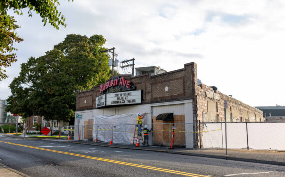 Demolition has begun on the Auburn Avenue Theater, with the main marquee among the things coming down first. Courtesy photo