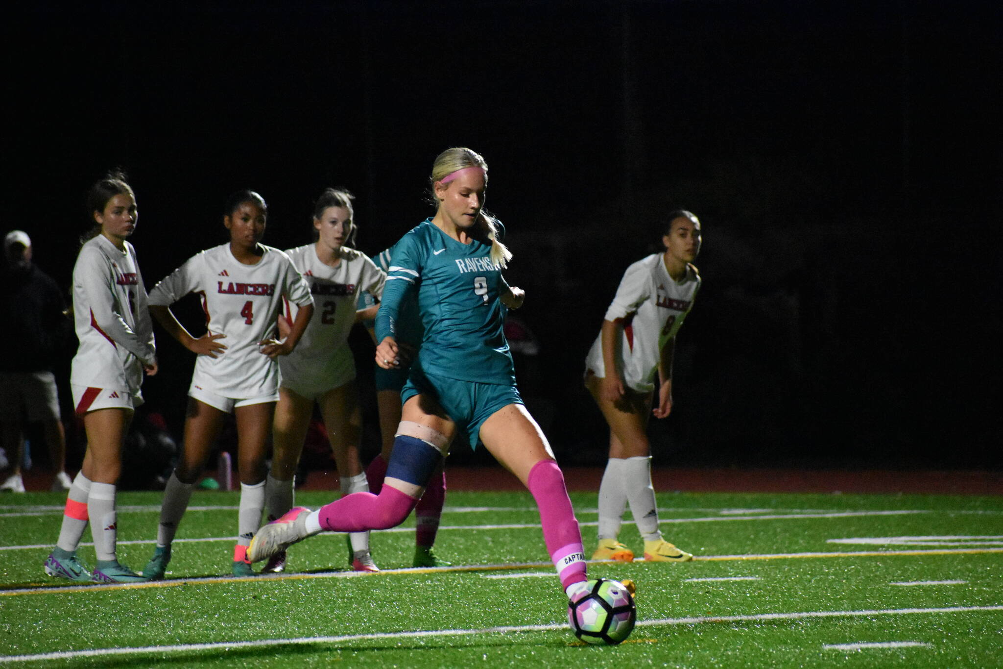 Caitlyn Riggs takes a penalty shot against Kennedy Catholic, a shot which gave the Ravens the lead.