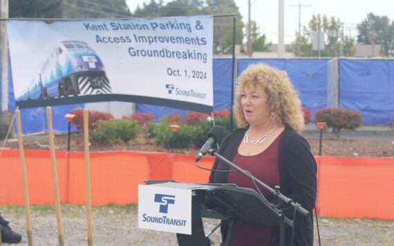 Auburn Mayor Nancy Backus, also a Sound Transit Board member, speaks at a Oct. 1 groundbreaking in Kent for a second Sounder parking garage. STEVE HUNTER, Sound Publishing