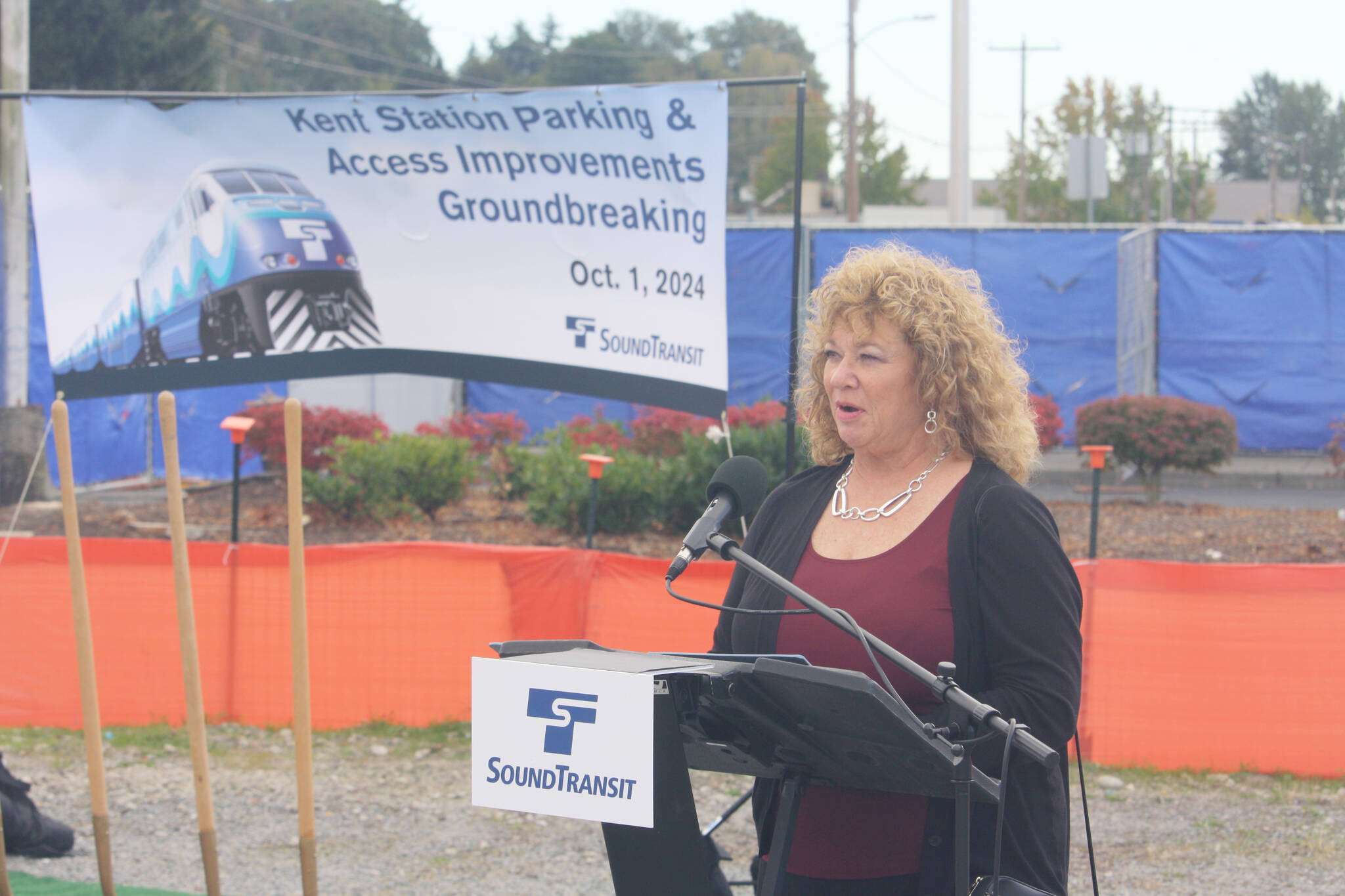 Auburn Mayor Nancy Backus, also a Sound Transit Board member, speaks at a Oct. 1 groundbreaking in Kent for a second Sounder parking garage. STEVE HUNTER, Sound Publishing