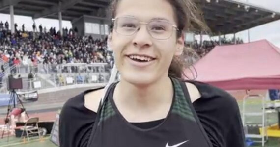 Veronica Garcia gives an interview after winning the 2A girls 400-meter final at the 2024 Washington State Championships at Mt. Tahoma High School in Tacoma. (Screenshot from Runnerspace.com video)