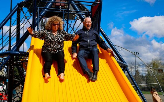 Daryl Faber, right, with Auburn Mayor Nancy Backus at the opening of the Fulmer Park Playground. Courtesy photo