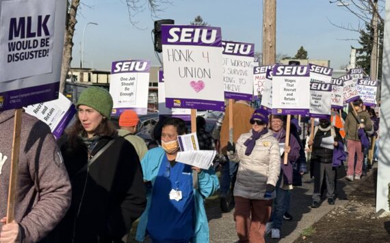 Photos by Drew Dotson/ Sound Publishing
Healthcare workers at MultiCare Auburn Medical Center picket in front of the hospital on Feb. 20.