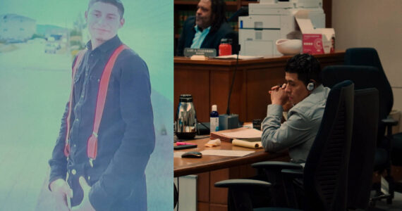 Left to right: A photo of Juan Carlos Guzman displayed in the courtroom and Rudy Garcia-Hernandez at his first day on trial. Joshua Solorzano/Sound Publishing